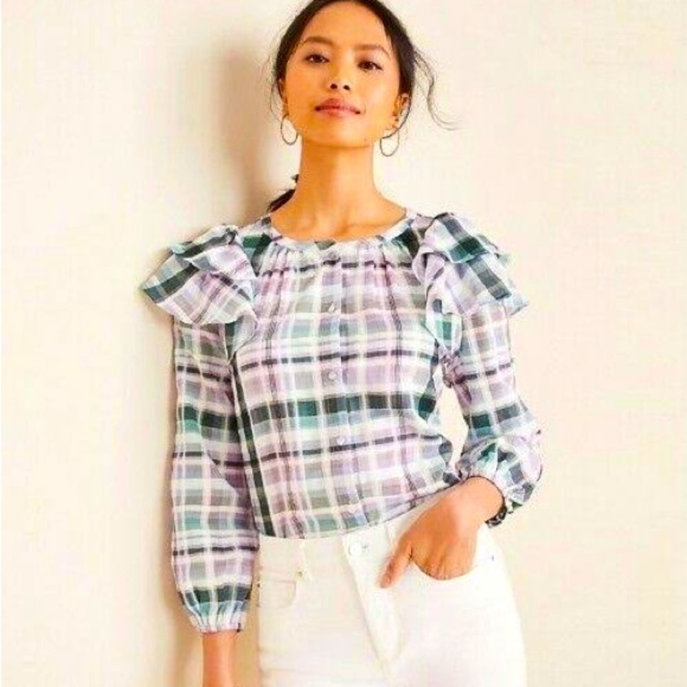 Ann Taylor plaid ruffle blouse
